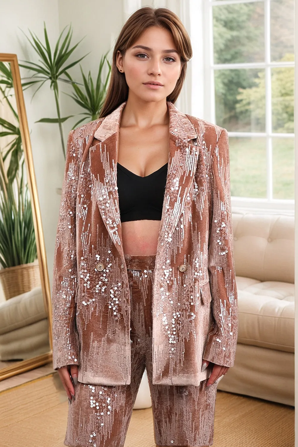 Sparkly Dusty Rose Notched Lapel 2 Pieces Sequins Women Prom Suits