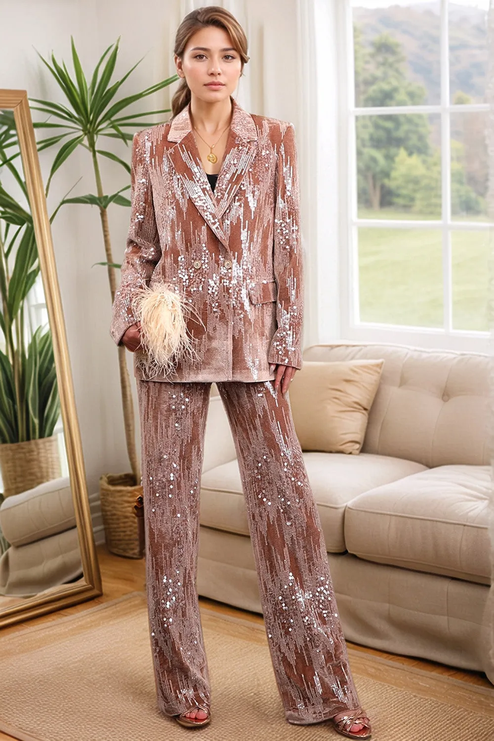 Sparkly Dusty Rose Notched Lapel 2 Pieces Sequins Women Prom Suits
