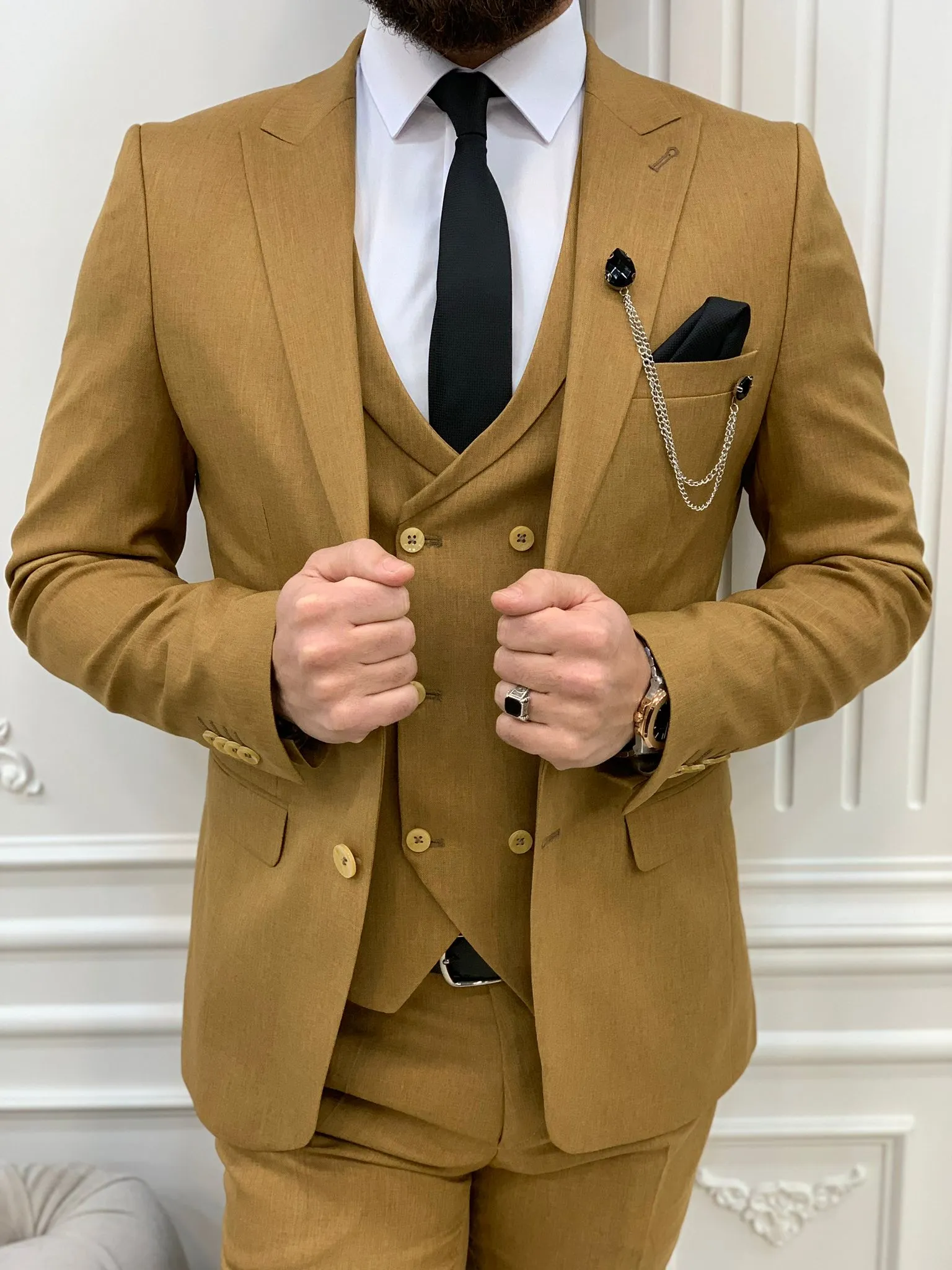 Stefano Mustard Slim Fit Suit - The Perfect Three-Piece Attire for Every Occasion