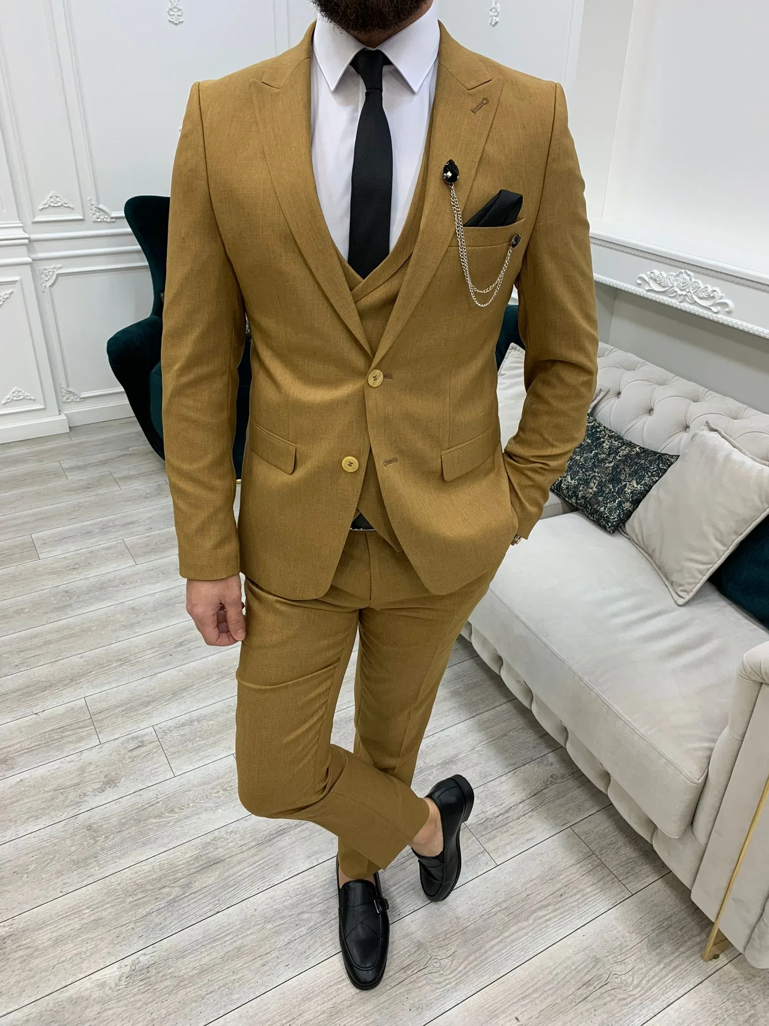 Stefano Mustard Slim Fit Suit - The Perfect Three-Piece Attire for Every Occasion