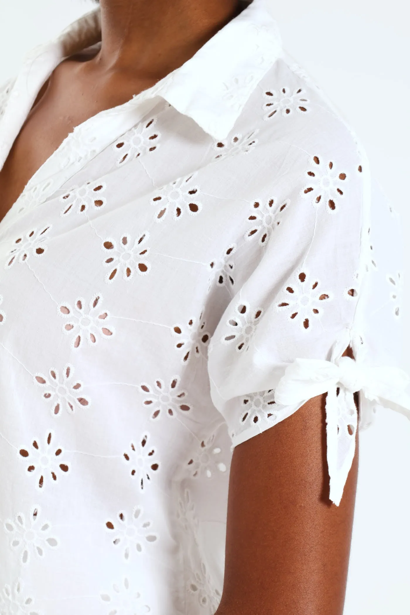 Tie-Sleeve Anglaise Relaxed Shirt - White