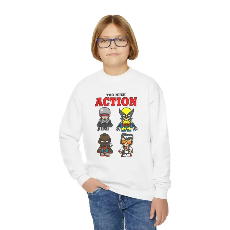 Too Much Action Youth Crewneck Sweatshirt Vibe