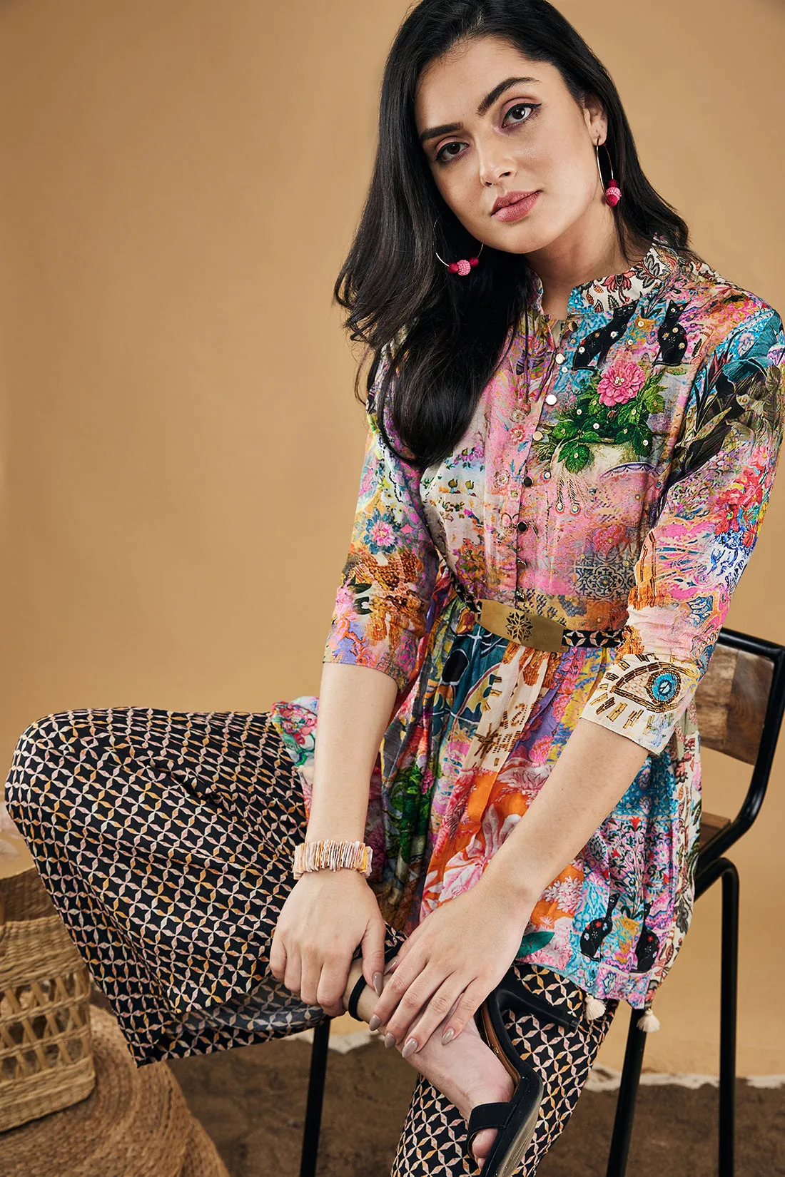 Tropical Twilight Printed  Embroidered Kurta Set