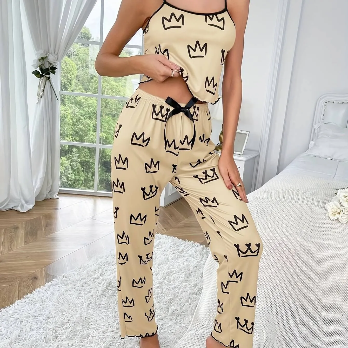Two-piece Milk Silk Suspender Pajamas