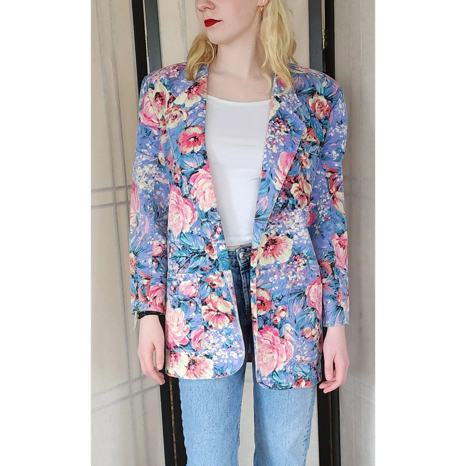 Vintage 80s Floral Print Blazer Denim Jean Jacket Bentley Arbuckle