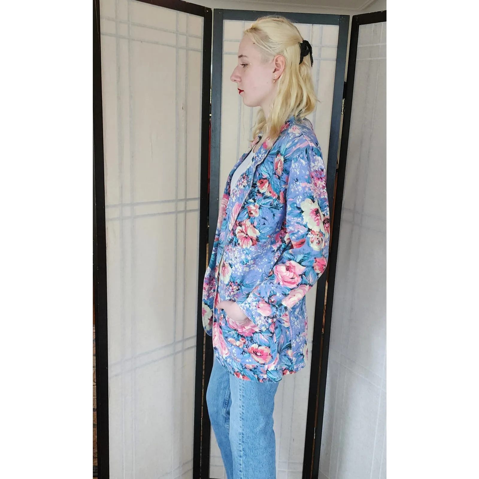 Vintage 80s Floral Print Blazer Denim Jean Jacket Bentley Arbuckle