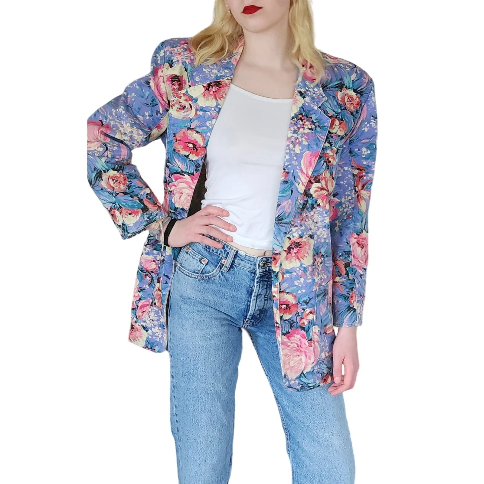 Vintage 80s Floral Print Blazer Denim Jean Jacket Bentley Arbuckle