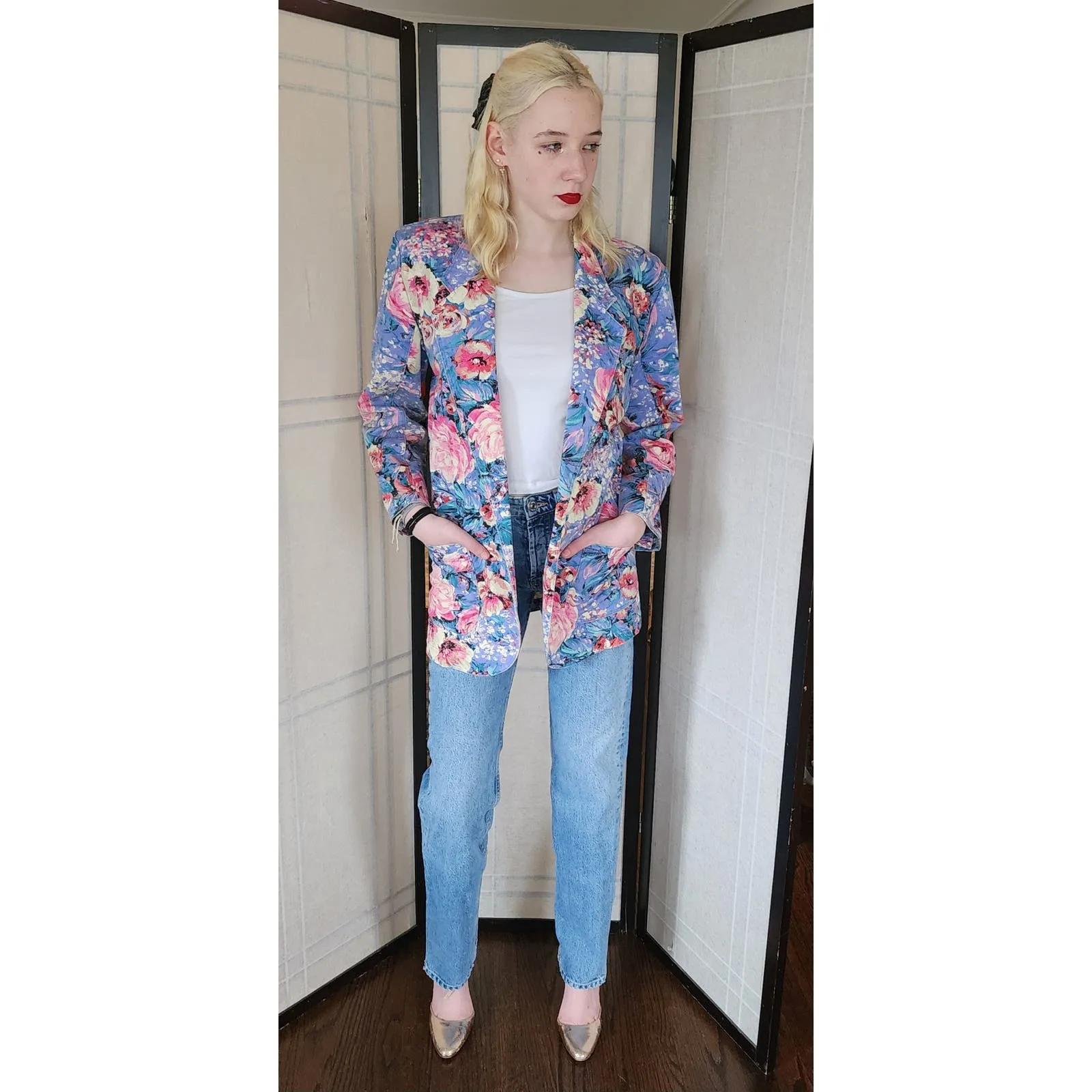 Vintage 80s Floral Print Blazer Denim Jean Jacket Bentley Arbuckle