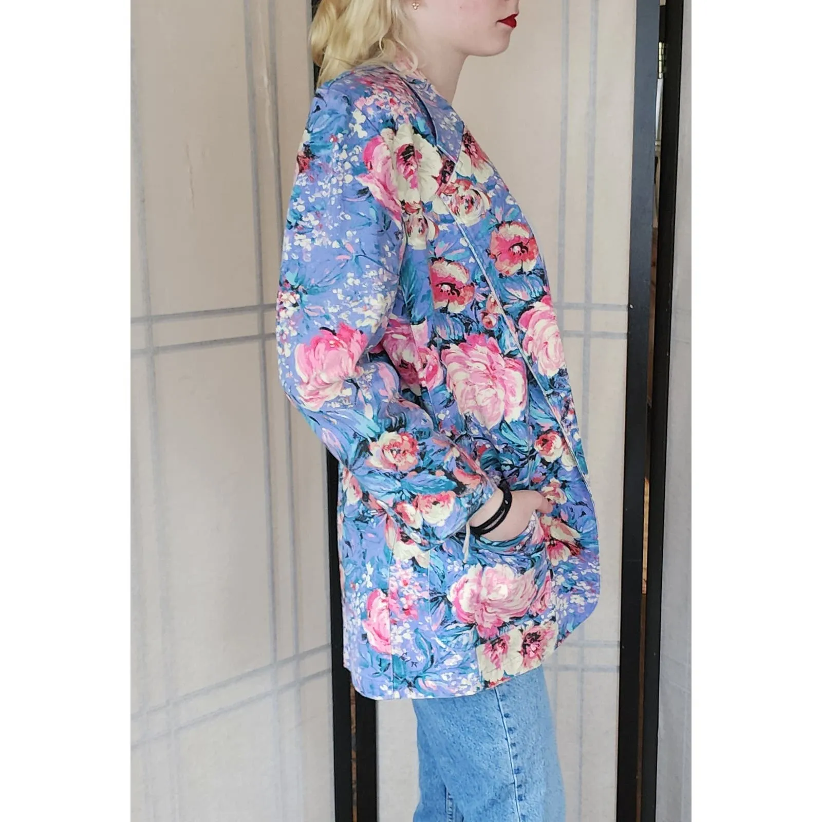 Vintage 80s Floral Print Blazer Denim Jean Jacket Bentley Arbuckle
