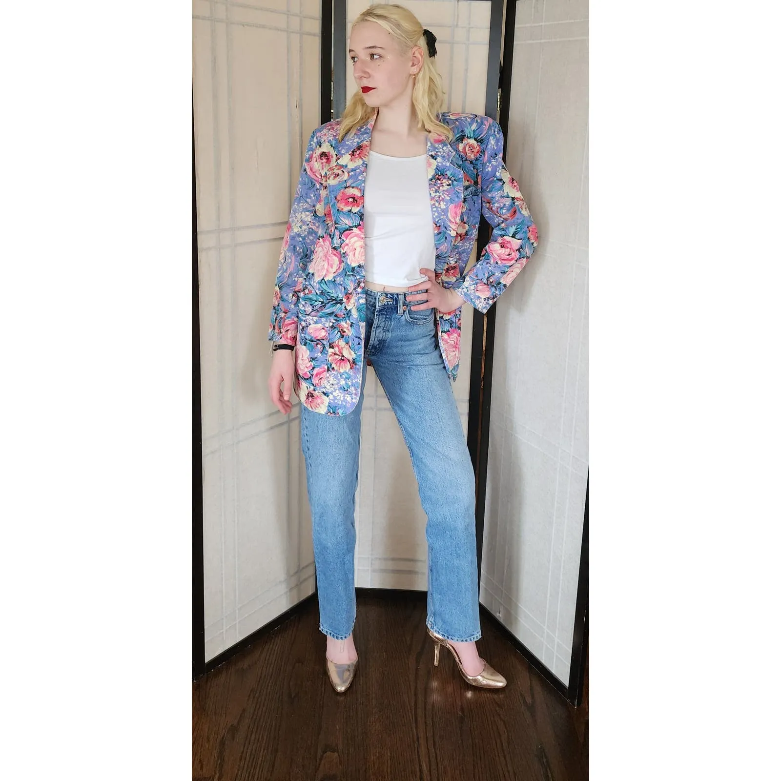 Vintage 80s Floral Print Blazer Denim Jean Jacket Bentley Arbuckle