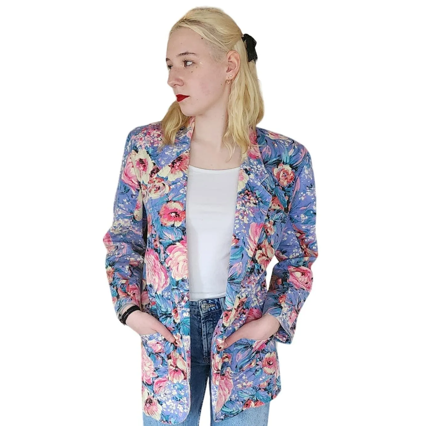 Vintage 80s Floral Print Blazer Denim Jean Jacket Bentley Arbuckle