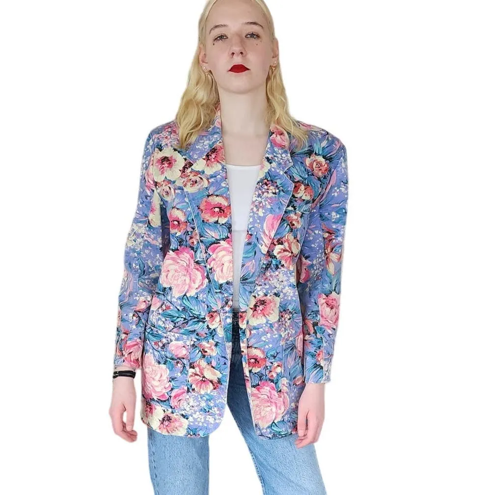 Vintage 80s Floral Print Blazer Denim Jean Jacket Bentley Arbuckle