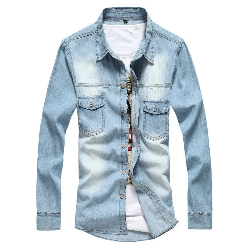 Vintage Men's Fashion Breathable Denim Thin Jacket Long Sleeve Light Blue Top ing Jean Jacket MCL139