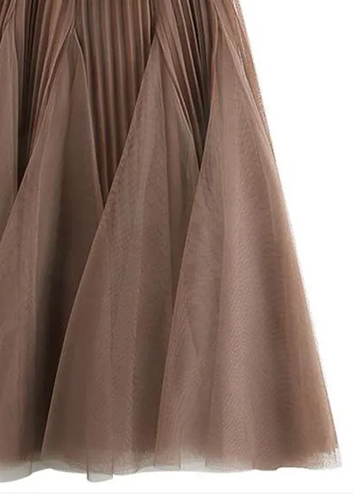 Women Brown Wrinkled Elastic Waist Tulle Skirts Spring