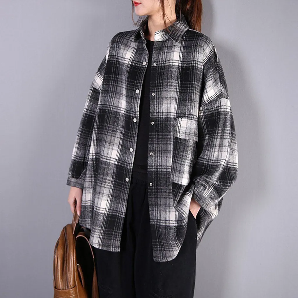Women Classic Brushed Loose Plaid Shirts