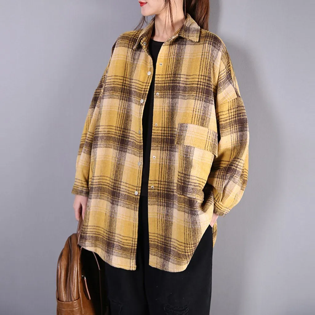 Women Classic Brushed Loose Plaid Shirts