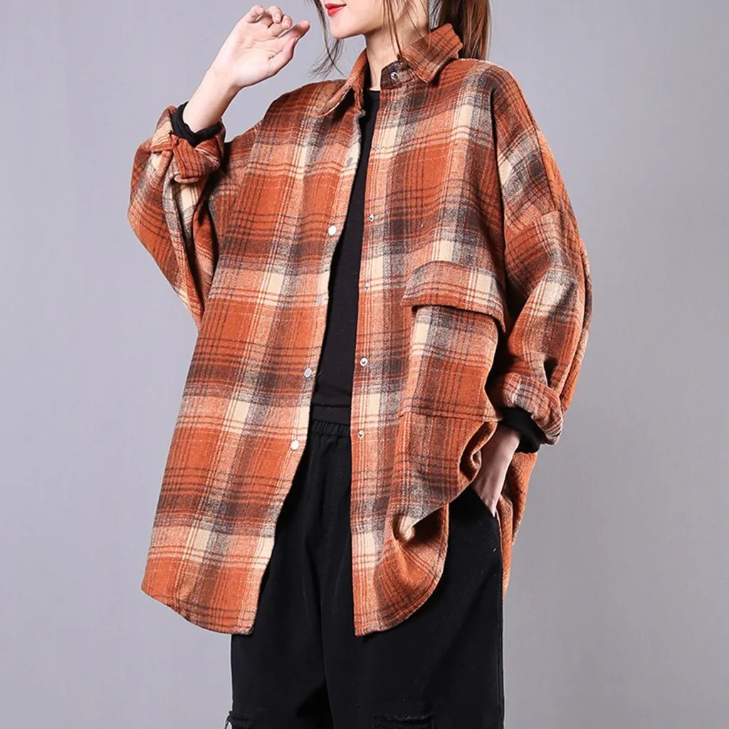 Women Classic Brushed Loose Plaid Shirts