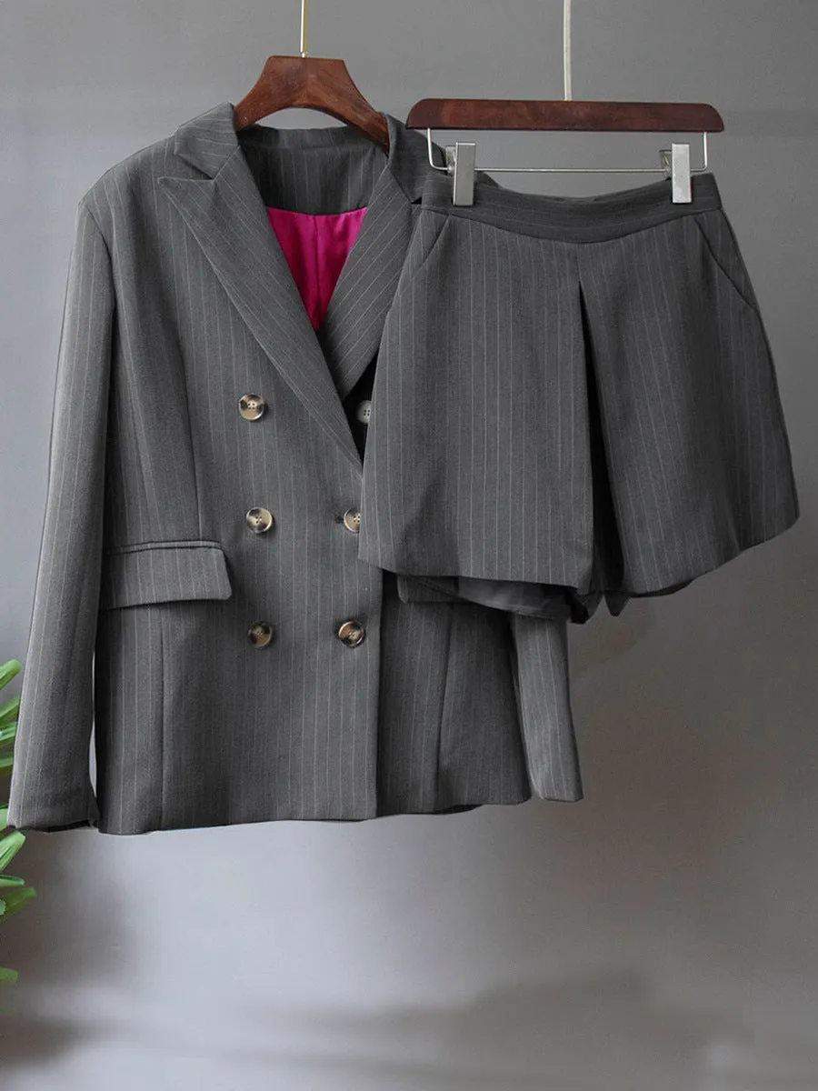 Women Fashion Long Sleeve Pockets Blazers And Button Slim Skirts Sets