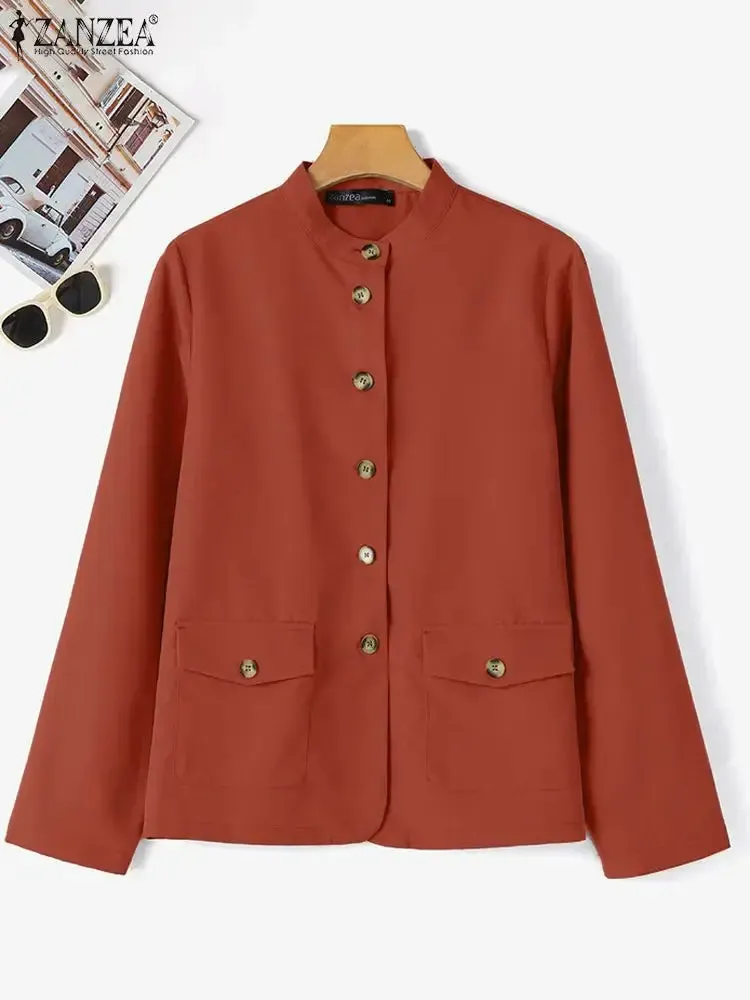 Women Spring Jackets Autumn Fashion Stand Collar Long Sleeve Thin Coats Casual Solid Work Outwear Loose Shirt Caquetá