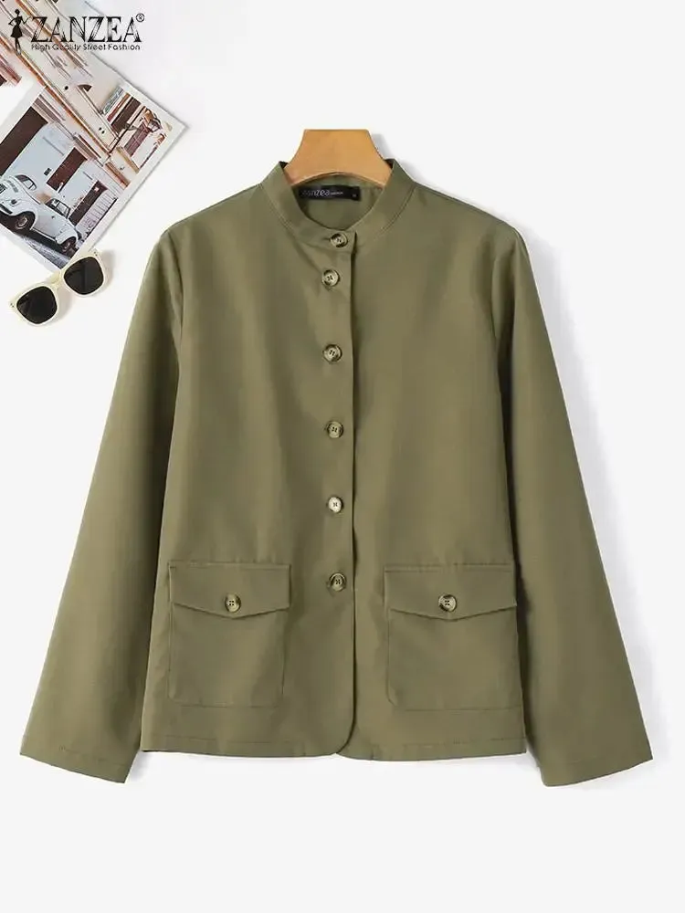 Women Spring Jackets Autumn Fashion Stand Collar Long Sleeve Thin Coats Casual Solid Work Outwear Loose Shirt Caquetá