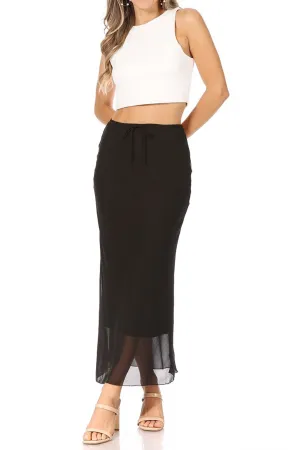 Women's High Rise Chiffon Overlay Maxi Draped Skirt with Waist Tie Accent.