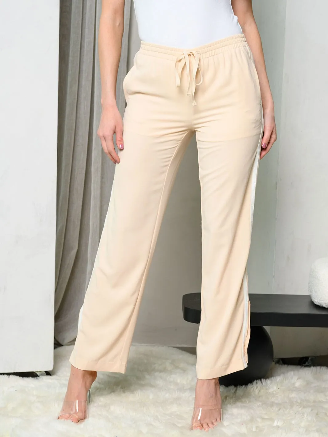 WOMEN'S SIDE STRIPE POCKETS SELF TIE PANTS