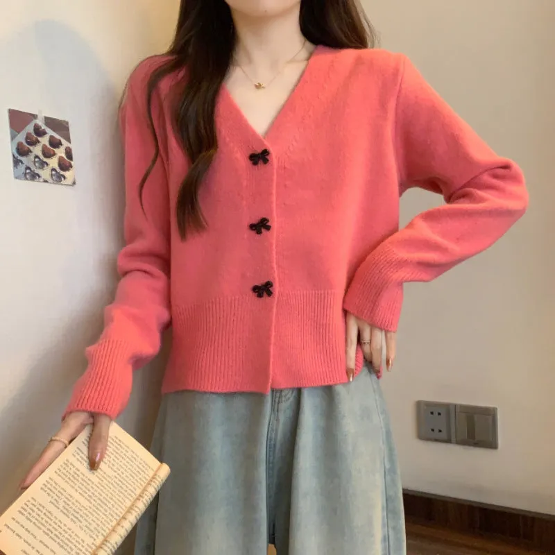 XIEYINSHE Korean version of V-neck fashion loose solid color knitted cardigan women's New autumn and winter new bow thin short sweater