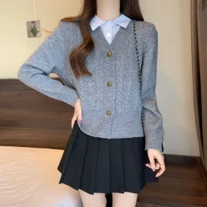 XIEYINSHE New autumn and winter courtyard style knitted cardigan loose twist versatile and thin simple splicing sweater women's top jacket