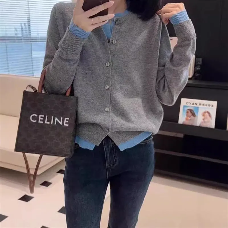 XIEYINSHE New autumn and winter new gray fake two-piece knitted cardigan women's Korean simple versatile and thin crew neck sweater outer wear