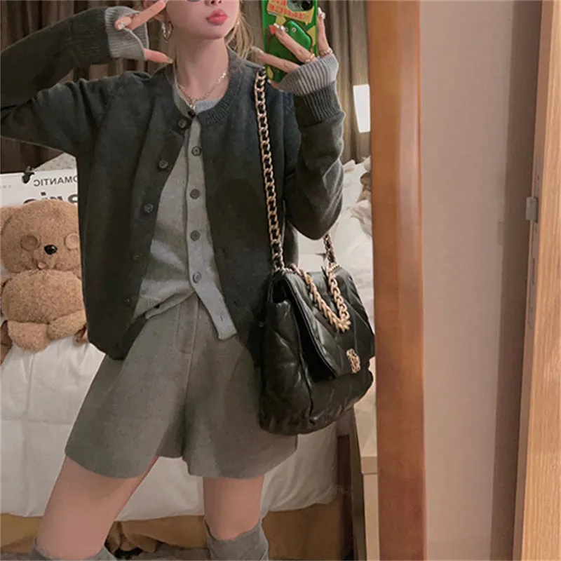 XIEYINSHE New autumn and winter new gray fake two-piece knitted cardigan women's Korean simple versatile and thin crew neck sweater outer wear