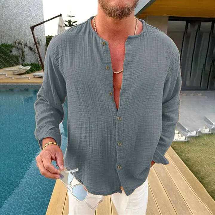 Yarden - Men's Cotton and Linen Solid Color Long-sleeved Shirt