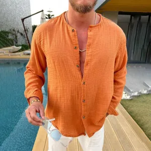 Yarden - Men's Cotton and Linen Solid Color Long-sleeved Shirt