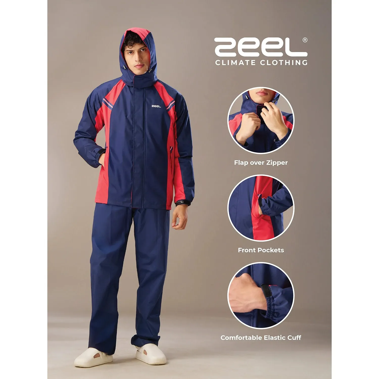 Zeel JS508 Men’s Waterproof Raincoat Set for Bike Riders | Hooded Polyester Jacket   Pants   Inner Pockets   Waterproof Storage Bag