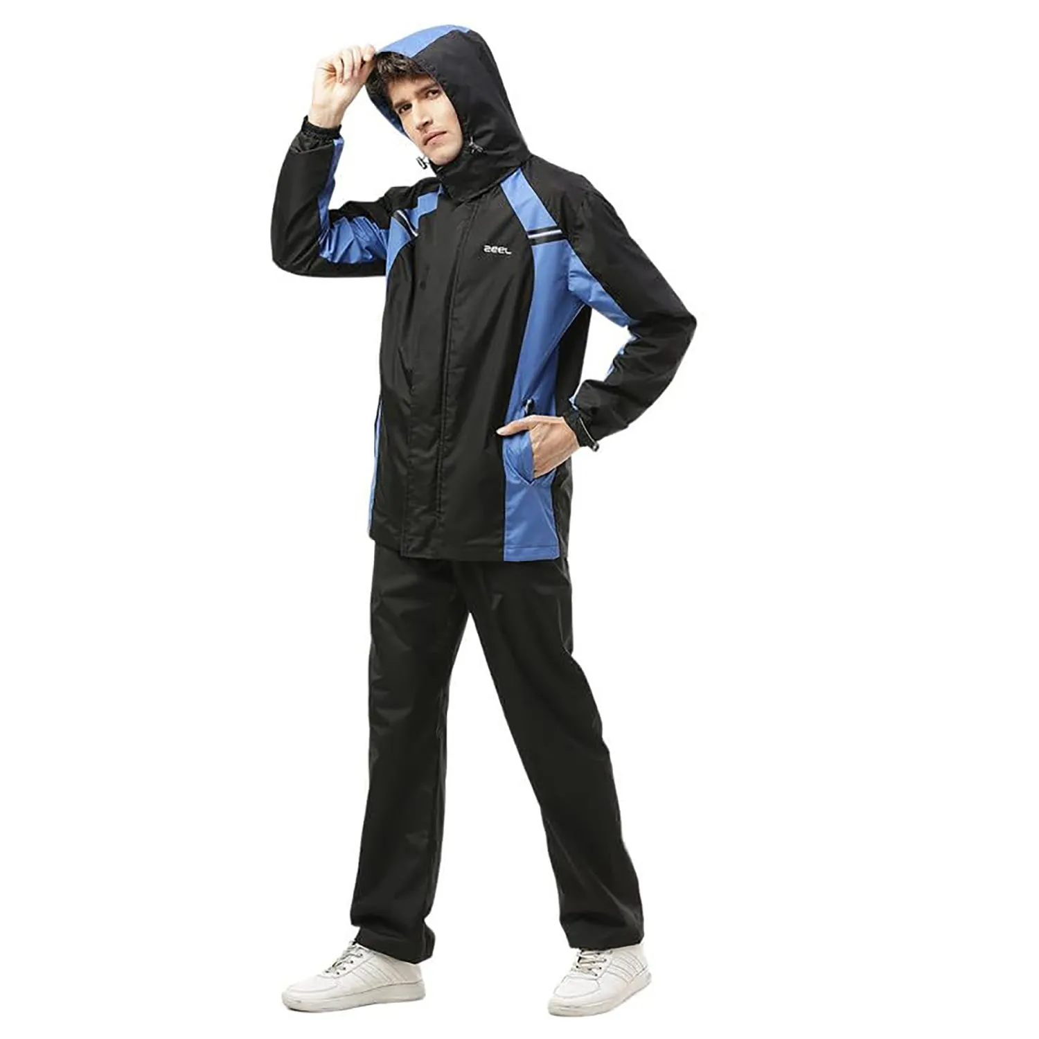 Zeel JS508 Men’s Waterproof Raincoat Set for Bike Riders | Hooded Polyester Jacket   Pants   Inner Pockets   Waterproof Storage Bag