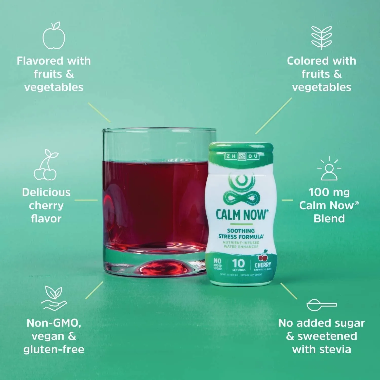 Zhou Calm Now Water Enhancer Soothing Stress Support Supplement | Help Keep Busy Minds Relaxed, Focused and Positive | 1.69 fl oz, 10 Servings