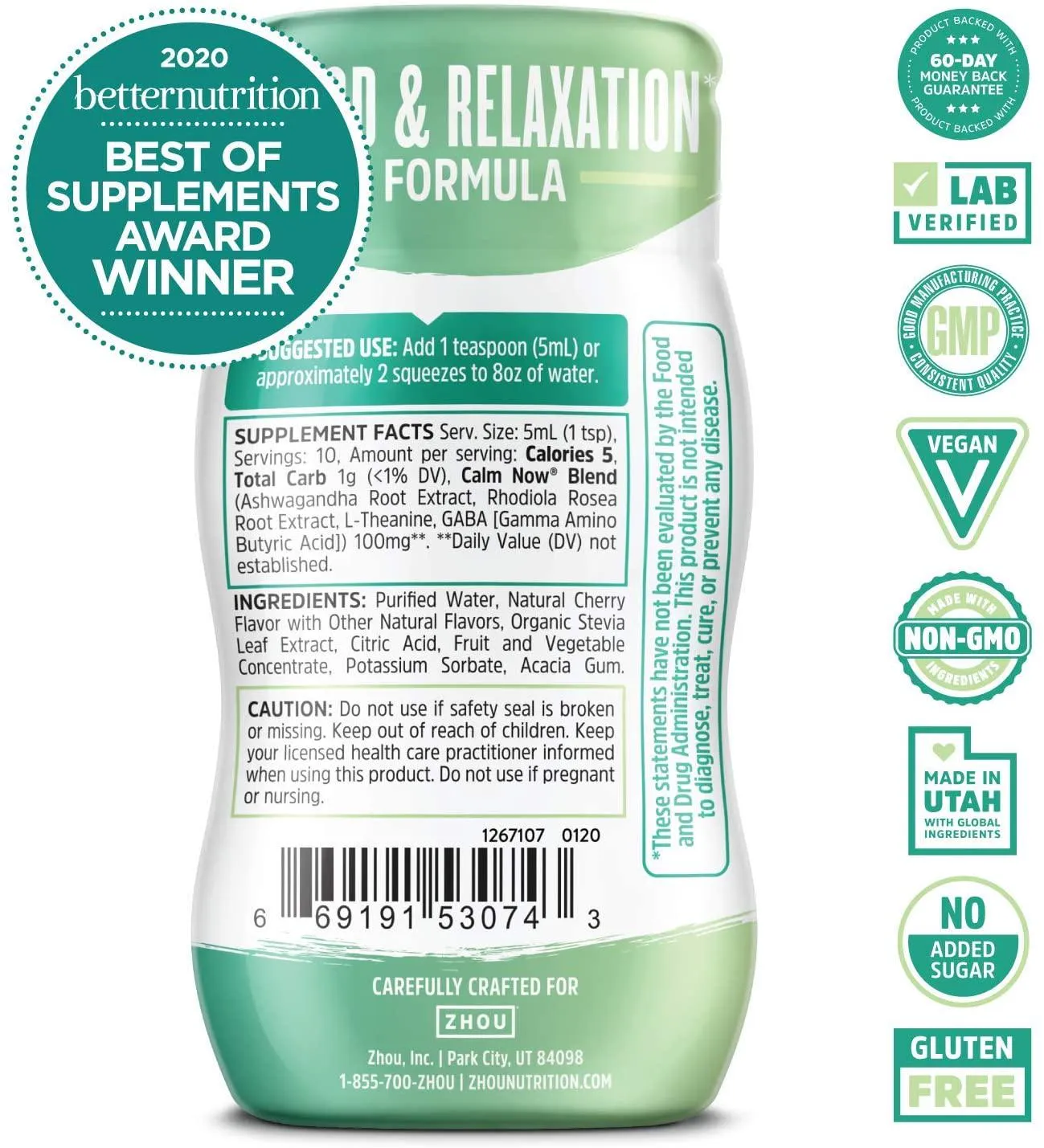 Zhou Calm Now Water Enhancer Soothing Stress Support Supplement | Help Keep Busy Minds Relaxed, Focused and Positive | 1.69 fl oz, 10 Servings